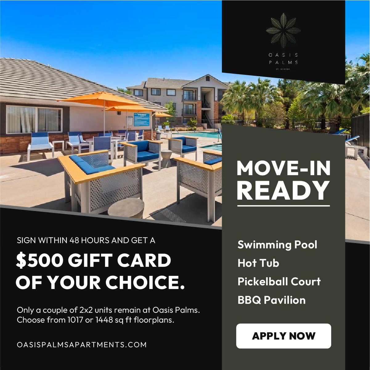 Oasis Palms Apartments - Move-In Ready Special and Gift Card Offer Advertisement - 5th Floor Media